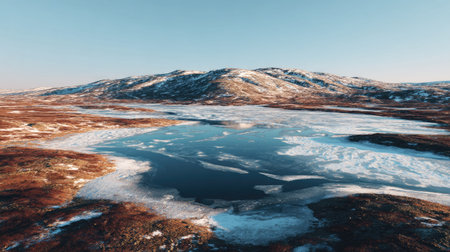 A photograph of Nordic tundra 272 with tundra ridge overlooking frozen lake, frozen tundra ponds,...