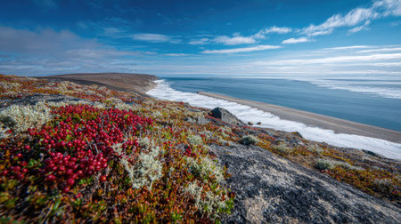 A photograph of Nordic tundra 315 with tundra overlooking fjord coastline, tundra berry plants,...
