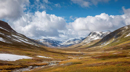 A photograph of Nordic tundra 23 with glacial tundra valley, patches of snow, short tundra summer,...