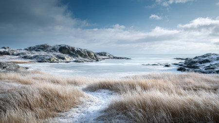 A photograph of Nordic tundra 440 with tundra overlooking icy coastline, tundra sedge grass, frozen...