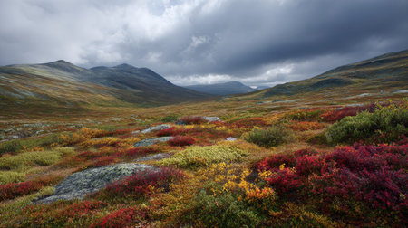 A photograph of Nordic tundra 317 with arctic tundra steppe, arctic moss carpet, colorful tundra...
