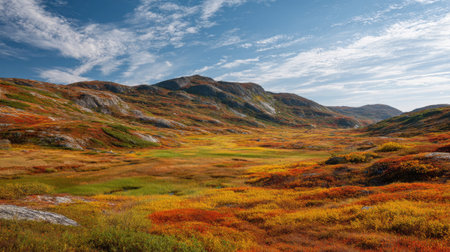 A photograph of Nordic tundra 321 with rolling tundra hills, tundra marsh vegetation, colorful tundra autumn, ultra realistic landscape photography, wide angle lens, natural colors, clean composition, no peopleの写真素材