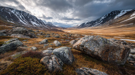 A photograph of Nordic tundra 417 with rocky tundra canyon, tundra dwarf shrubs, arctic spring thaw,...