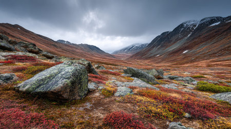 A photograph of Nordic tundra 483 with arctic tundra ridge, tundra frost patterns, colorful tundra...