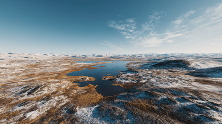 A photograph of Nordic tundra 436 with tundra valley with glacial lakes, icy tundra ground, frozen...