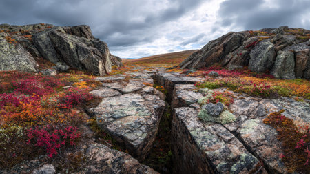 A photograph of Nordic tundra 419 with arctic tundra coastal cliffs, permafrost soil cracks,...