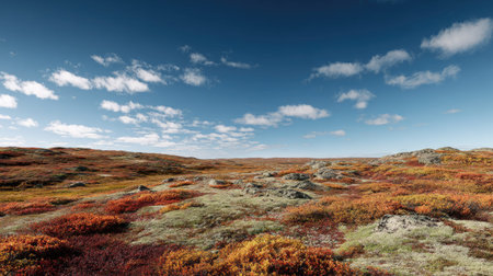 A photograph of Nordic tundra 430 with open tundra landscape, arctic moss carpet, colorful tundra...