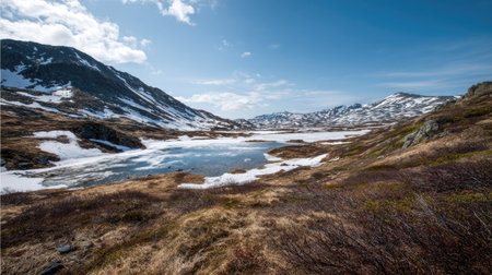A photograph of Nordic tundra 298 with tundra valley with glacial lakes, tundra peat soil, arctic...