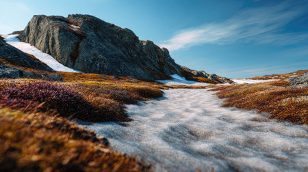A photograph of Nordic tundra 268 with arctic tundra ridge, permafrost ground texture, arctic spring...