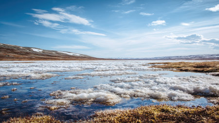 A photograph of Nordic tundra 260 with arctic tundra valley, frozen puddles, arctic spring thaw,...