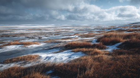 A photograph of Nordic tundra 374 with tundra valley with glacial lakes, low arctic willow bushes,...