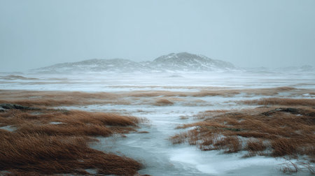 A photograph of Nordic tundra 114 with windswept tundra landscape, tundra wetlands, frozen arctic...