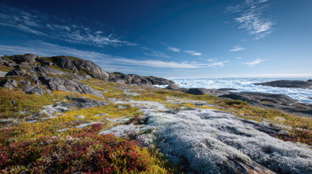 A photograph of Nordic tundra 429 with tundra overlooking icy coastline, tundra frost patterns,...
