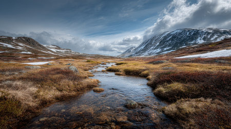A photograph of Nordic tundra 347 with arctic tundra valley, small tundra streams, arctic spring...