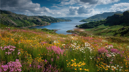 A photograph of Scottish highlands with highland loch bay, highland wildflowers, green highland...