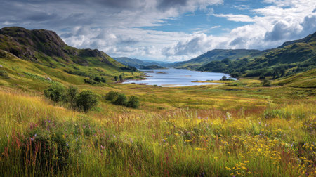 A photograph of Scottish highlands 121 with highland loch shoreline, wild meadow grasses, green...