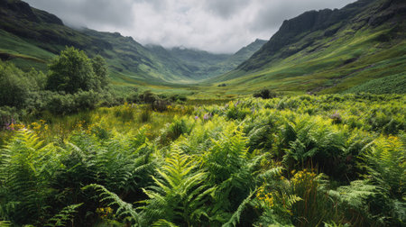 A photograph of Scottish highlands 143 with highland moorland plateau, wild highland ferns, green...