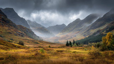 A photograph of Scottish highlands 165 with misty highland valley, highland bog vegetation, colorful...