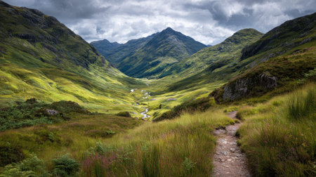 A photograph of Scottish highlands 268 with highland glen with winding path, highland grasses, green...