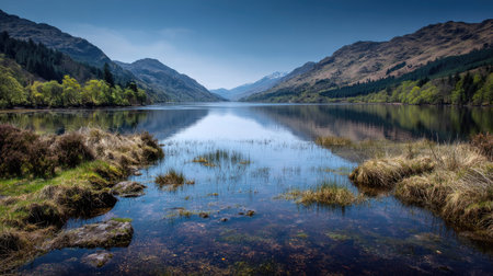 A photograph of Scottish highlands 284 with highland loch surrounded by hills, lochside vegetation,...