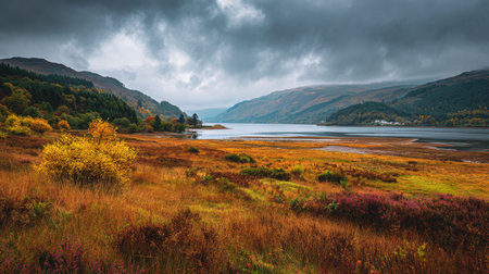 A photograph of Scottish highlands with highland loch bay, wild highland shrubs, colorful highland autumn, ultra realistic landscape photography, wide angle lens, natural colors, clean composition, no peopleの写真素材