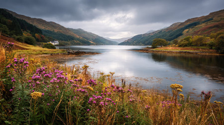 A photograph of Scottish highlands 349 with highland loch shoreline, scottish thistle plants,...