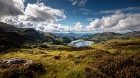 A photograph of Scottish highlands 325 with highland valley with scattered lochs, wild berry shrubs,...