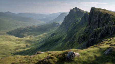 A photograph of Scottish highlands 361 with rugged highland ridge line, rough moorland grass, green...