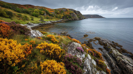 A photograph of Scottish highlands 332 with highland coastal cliffs, wild highland shrubs, colorful...