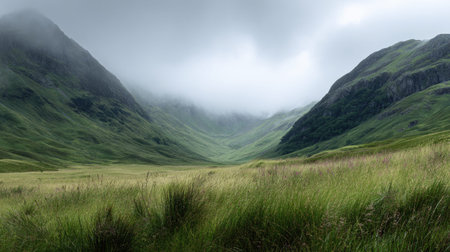 A photograph of Scottish highlands 371 with misty highland valley, wild meadow grasses, green...