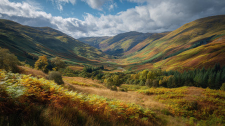 A photograph of Scottish highlands with remote highland valley, wild highland ferns, colorful...