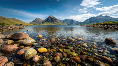 A photograph of Scottish highlands 393 with highland mountain ridge, loch shoreline stones, green...