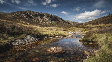 A photograph of Scottish highlands 434 with highland moorland landscape, rocky hill slopes, fresh highland spring, ultra realistic landscape photography, wide angle lens, natural colors, clean composition, no peopleの写真素材