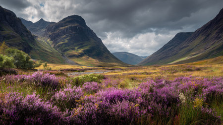 A photograph of Scottish highlands 423 with highland mountain ridge, purple heather fields, fresh...