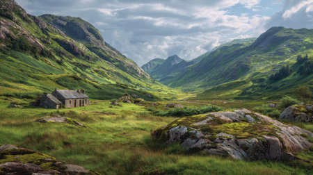 A photograph of Scottish highlands 498 with highland valley with stone cottages, mossy stone...