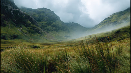 A photograph of Scottish highlands 60 with misty highland valley, wild meadow grasses, green...