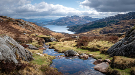 A photograph of Scottish highlands 500 with highland hillside overlooking loch, rocky highland...