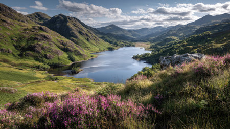 A photograph of Scottish highlands 63 with highland loch surrounded by hills, scottish thistle plants, fresh highland spring, ultra realistic landscape photography, wide angle lens, natural colors, clean composition, no peopleの写真素材
