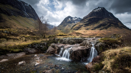 A photograph of Scottish highlands 123 with highland glen with distant mountains, small highland...