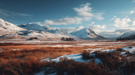 A photograph of Scottish highlands with highland mountains under vast sky, snowy highland winter,...