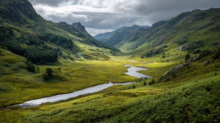 A photograph of Scottish highlands 201 with highland valley with winding river, highland bog...