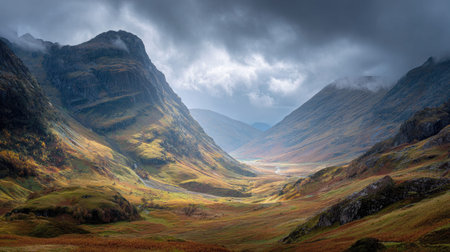 A photograph of Scottish highlands 109 with rugged highland ridge line, mist drifting through...