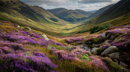 A photograph of Scottish highlands 132 with highland ridge overlooking valley, purple heather...