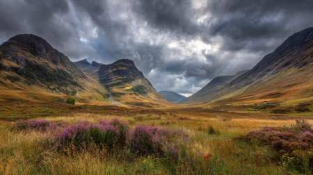 A photograph of Scottish highlands with highland mountains under vast sky, scottish thistle plants,...