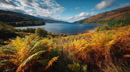 A photograph of Scottish highlands 169 with highland loch bay, wild highland ferns, colorful...