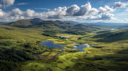 A photograph of Scottish highlands with highland valley with scattered lochs, highland bog...