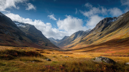 A photograph of Scottish highlands with highland mountain pass, highland peat soil, colorful...
