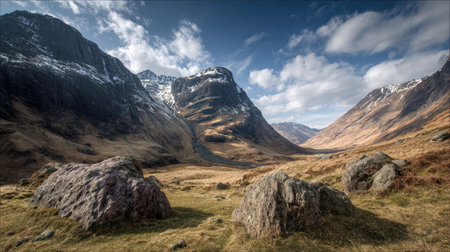 A photograph of Scottish highlands with rocky highland mountains, rocky hill slopes, fresh highland...