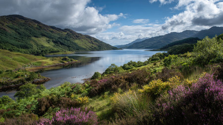 A photograph of Scottish highlands 342 with highland loch surrounded by hills, wild highland shrubs, fresh highland spring, ultra realistic landscape photography, wide angle lens, natural colors, clean composition, no peopleの写真素材