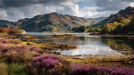 A photograph of Scottish highlands 413 with highland loch bay, lochside vegetation, colorful...